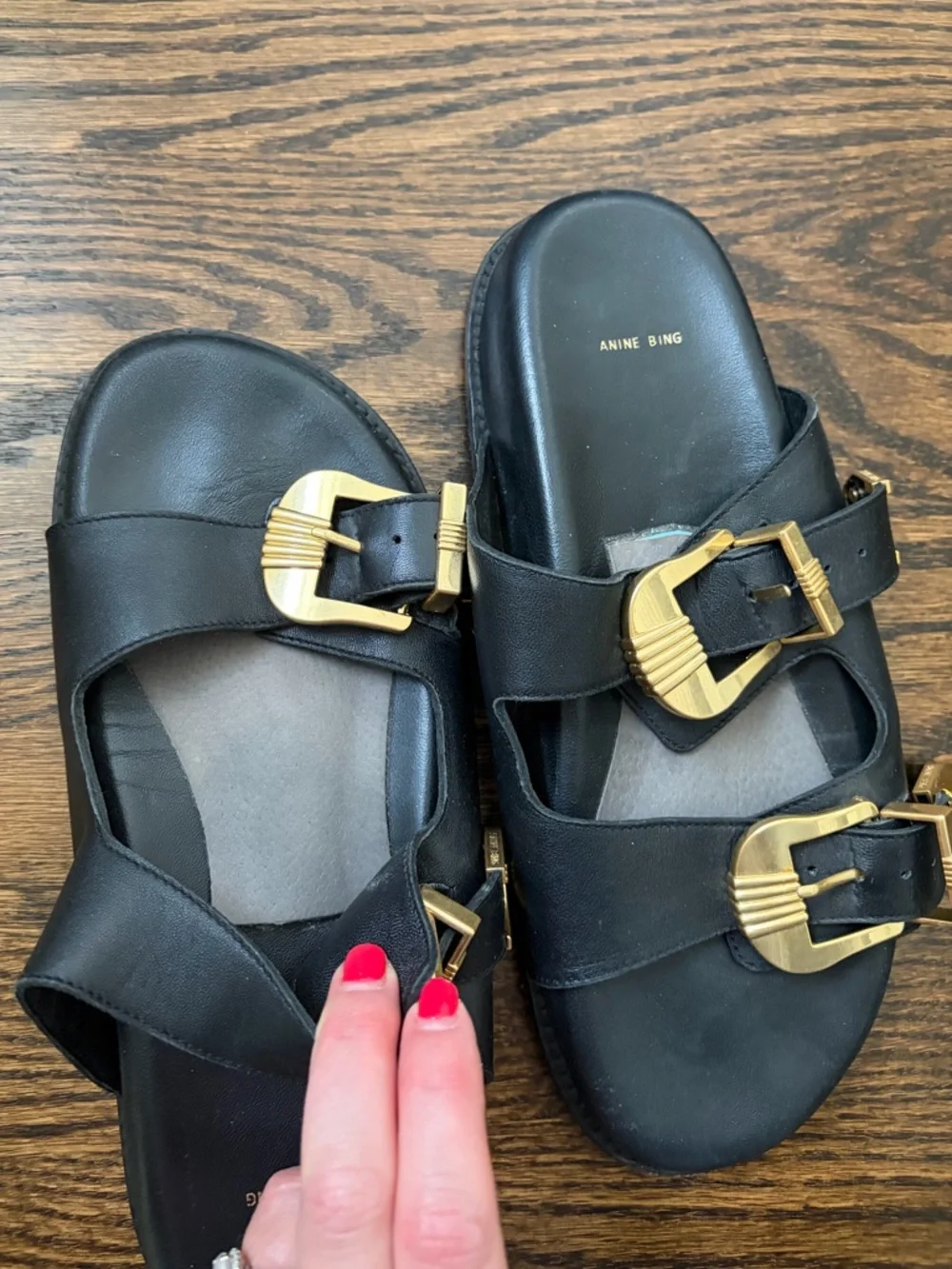 Anine Bing Black Leather Slide Sandals with Gold Buckles - Double Strap - Picture 4 of 5